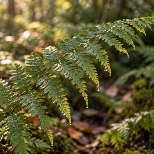 Dewdrops on a fern frond in softly lit woodland.