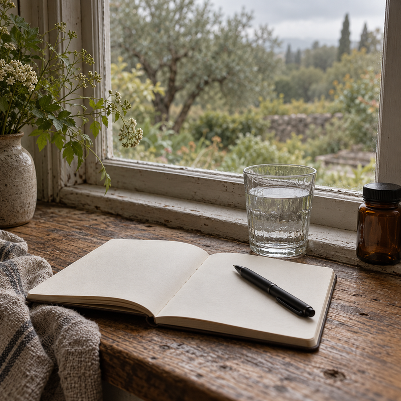 An open notebook, pen and water glass beside an unlabeled amber jar on a wooden windowsill.