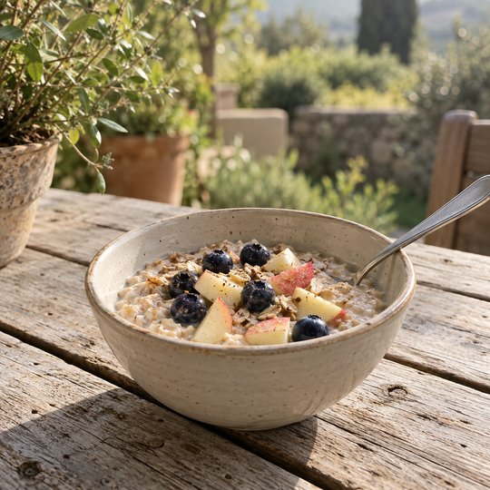 A bowl of oats with blueberries and apple pieces on a sunlit garden table.