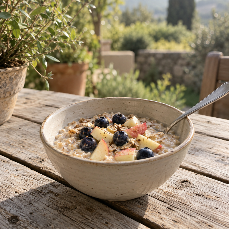 A bowl of oats with blueberries and apple pieces on a sunlit garden table.