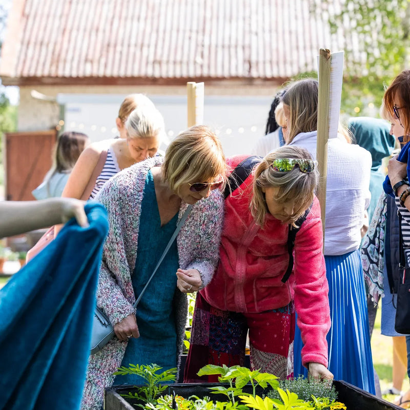 People gathered around a table of plants at an outdoor Ecosh event.