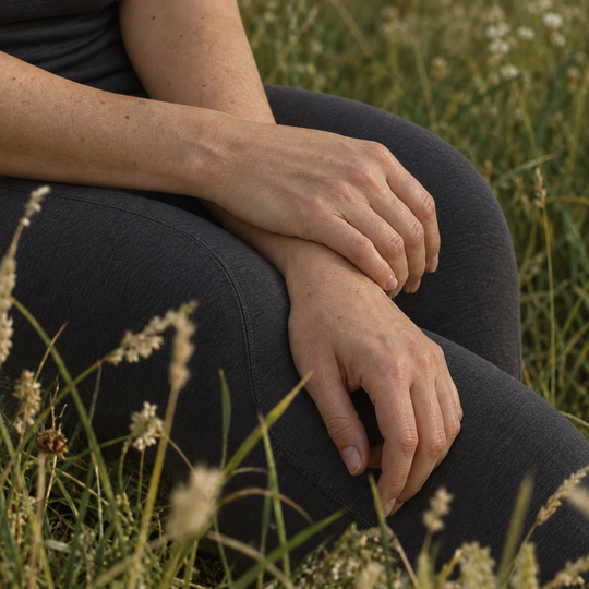 Close-up of relaxed hands resting on dark yoga leggings while sitting in a meadow.