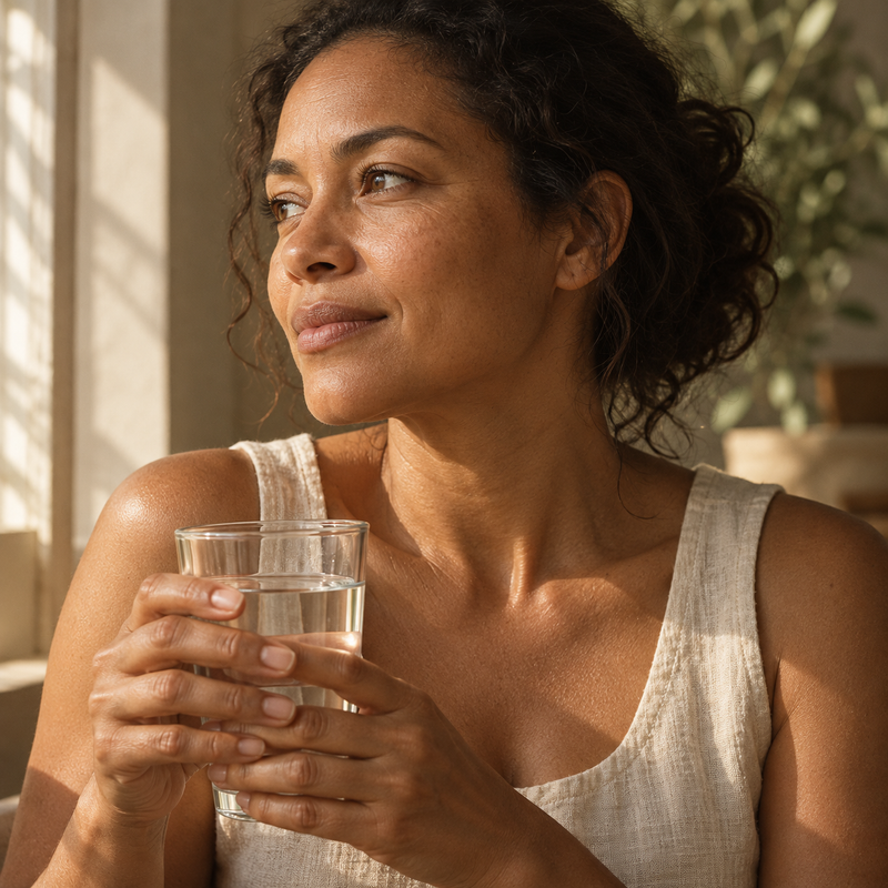 Woman with natural skin texture holding a glass of water in warm daylight.
