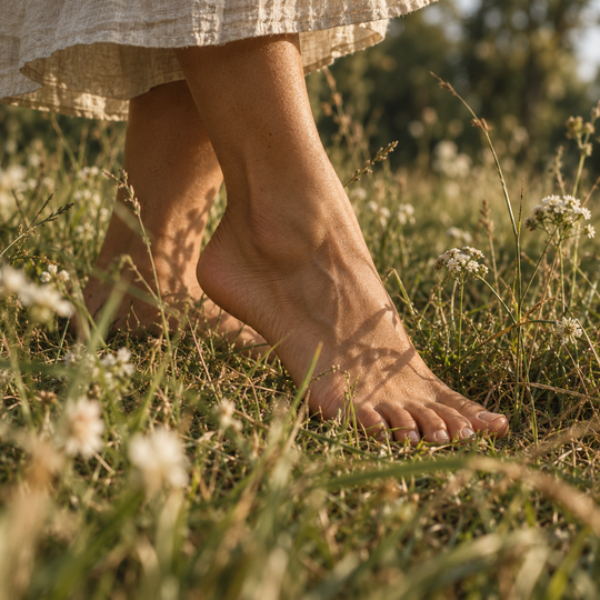 Bare feet resting in meadow grass beside small wildflowers.