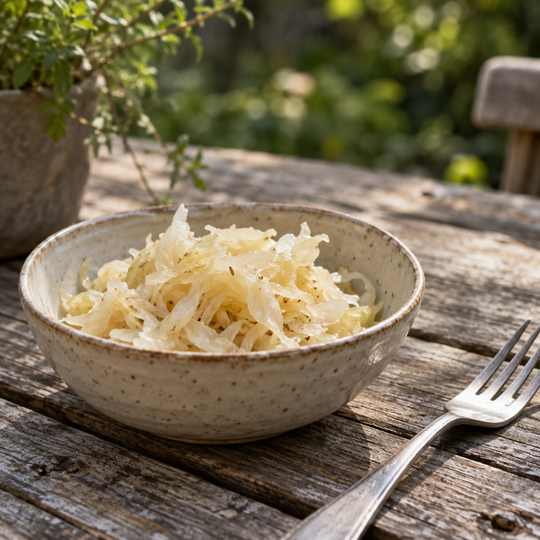 A small ceramic bowl of shredded sauerkraut and a fork on a weathered garden table.