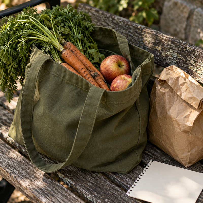 Carrots and apples in an olive canvas shopping bag on a weathered outdoor bench.