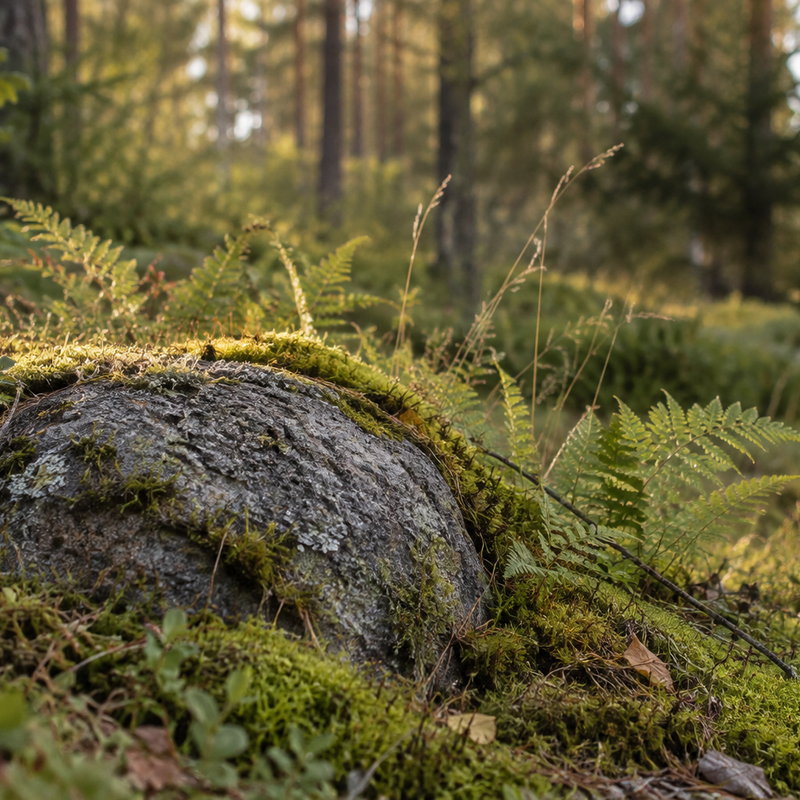Moss-covered granite rock and delicate ferns in a softly lit forest.