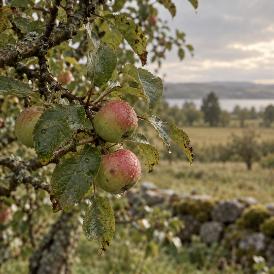 Rain-dappled apples and leaves on a branch in a quiet orchard.