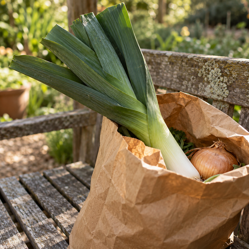 A leek and onion in a brown paper market bag on a weathered garden bench.