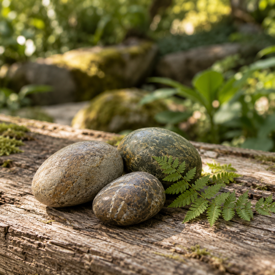 Three smooth river pebbles beside a fern on weathered wood in a green garden.