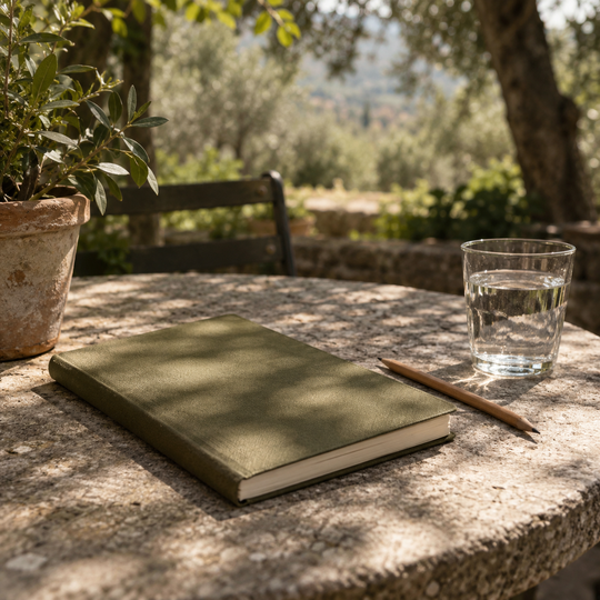 A closed notebook, pencil and water glass on a quiet garden table