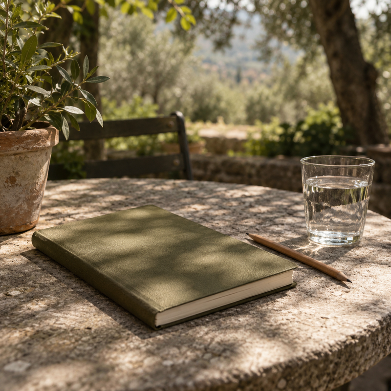 A closed notebook, pencil and water glass on a quiet garden table