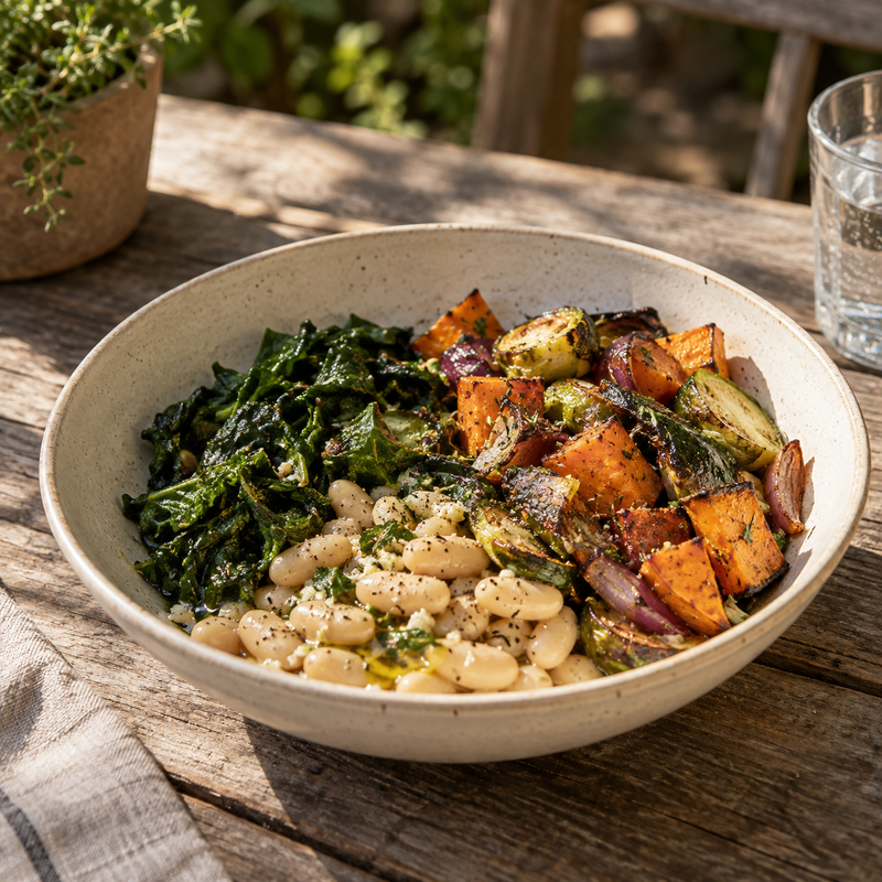 A bowl of beans, greens and roasted vegetables beside a water glass