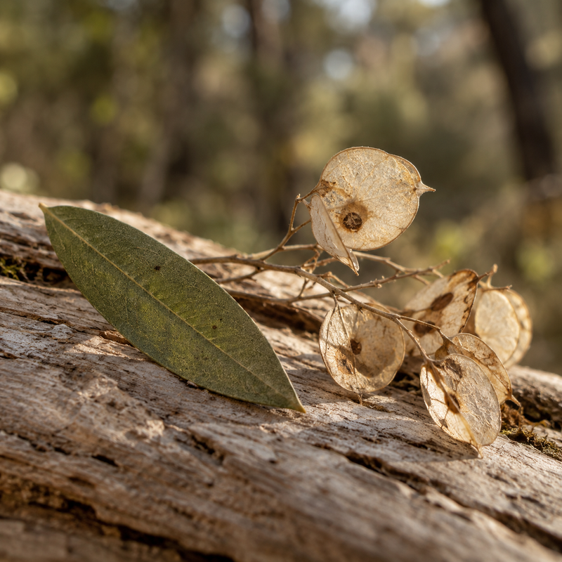 An olive-green leaf and delicate seed pods on weathered wood outdoors