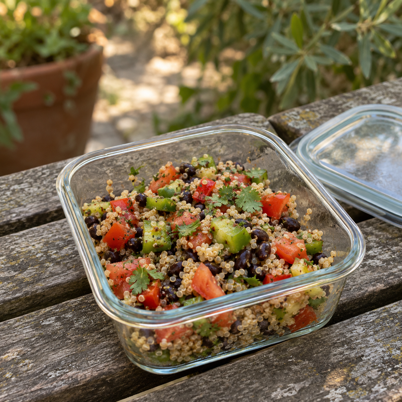 Quinoa, black beans, and chopped vegetables in a glass lunch container on a garden bench.