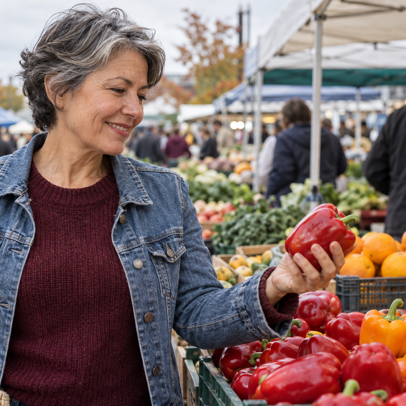 A woman choosing a red bell pepper at an outdoor produce market.