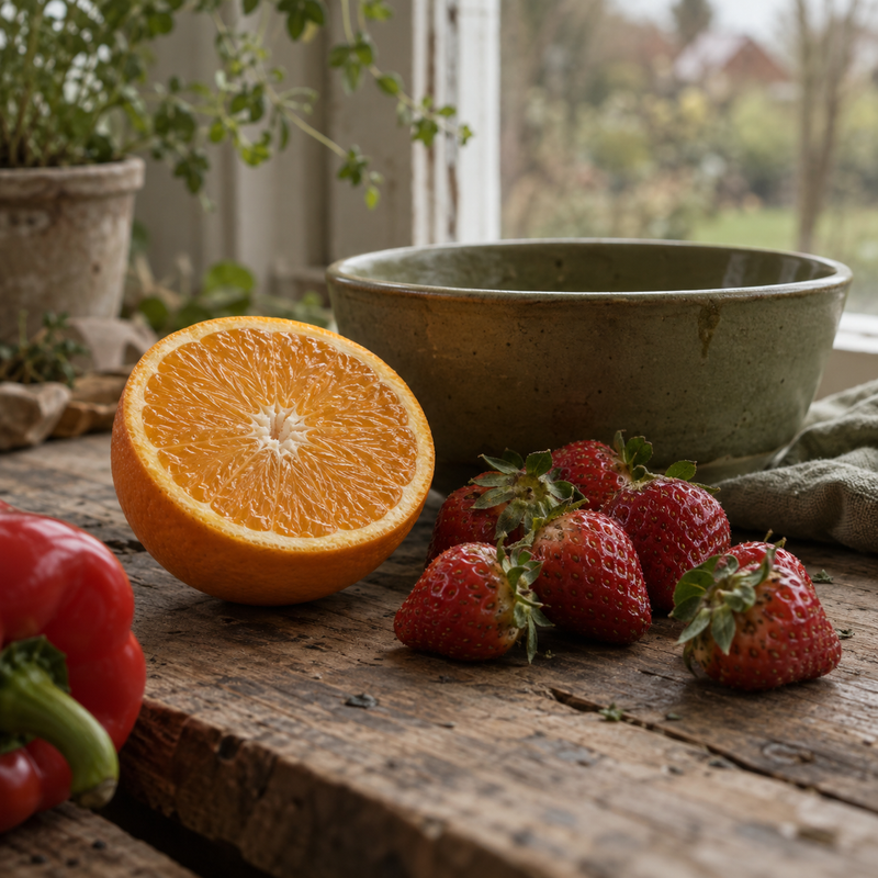 Orange, strawberries and a red pepper beside an olive ceramic bowl in soft window light.