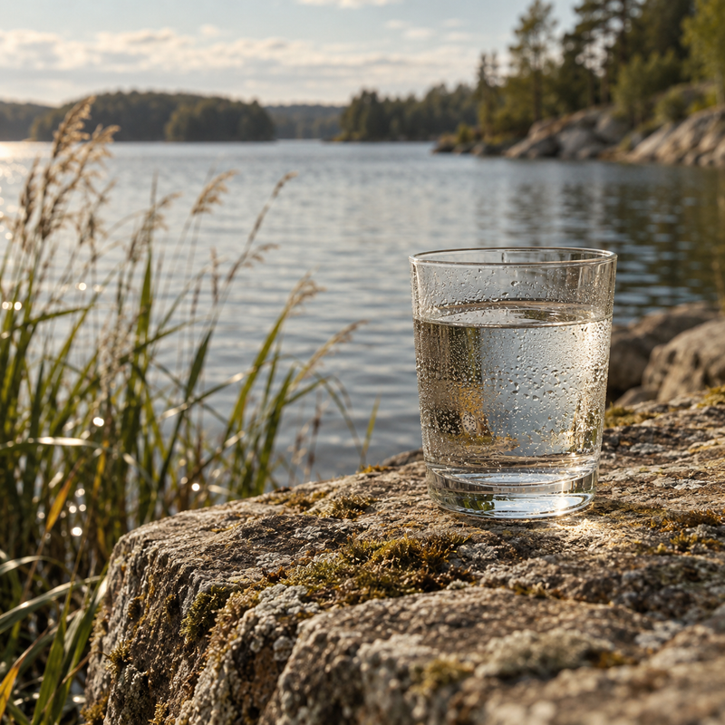 A clear glass of water rests on a stone ledge beside a quiet lake.