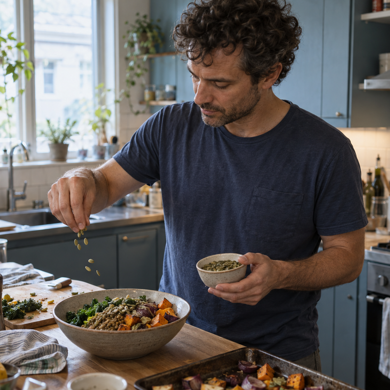 A man adding pumpkin seeds to a lentil and vegetable bowl in his kitchen.