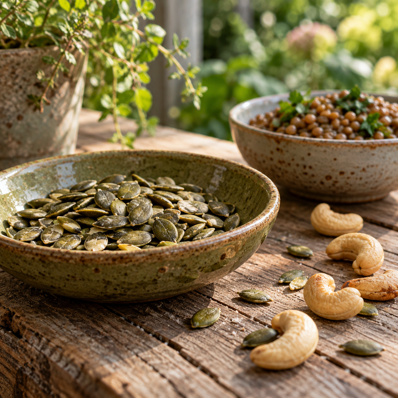 Pumpkin seeds in an olive ceramic bowl with cashews and a bowl of lentils on a wooden table.