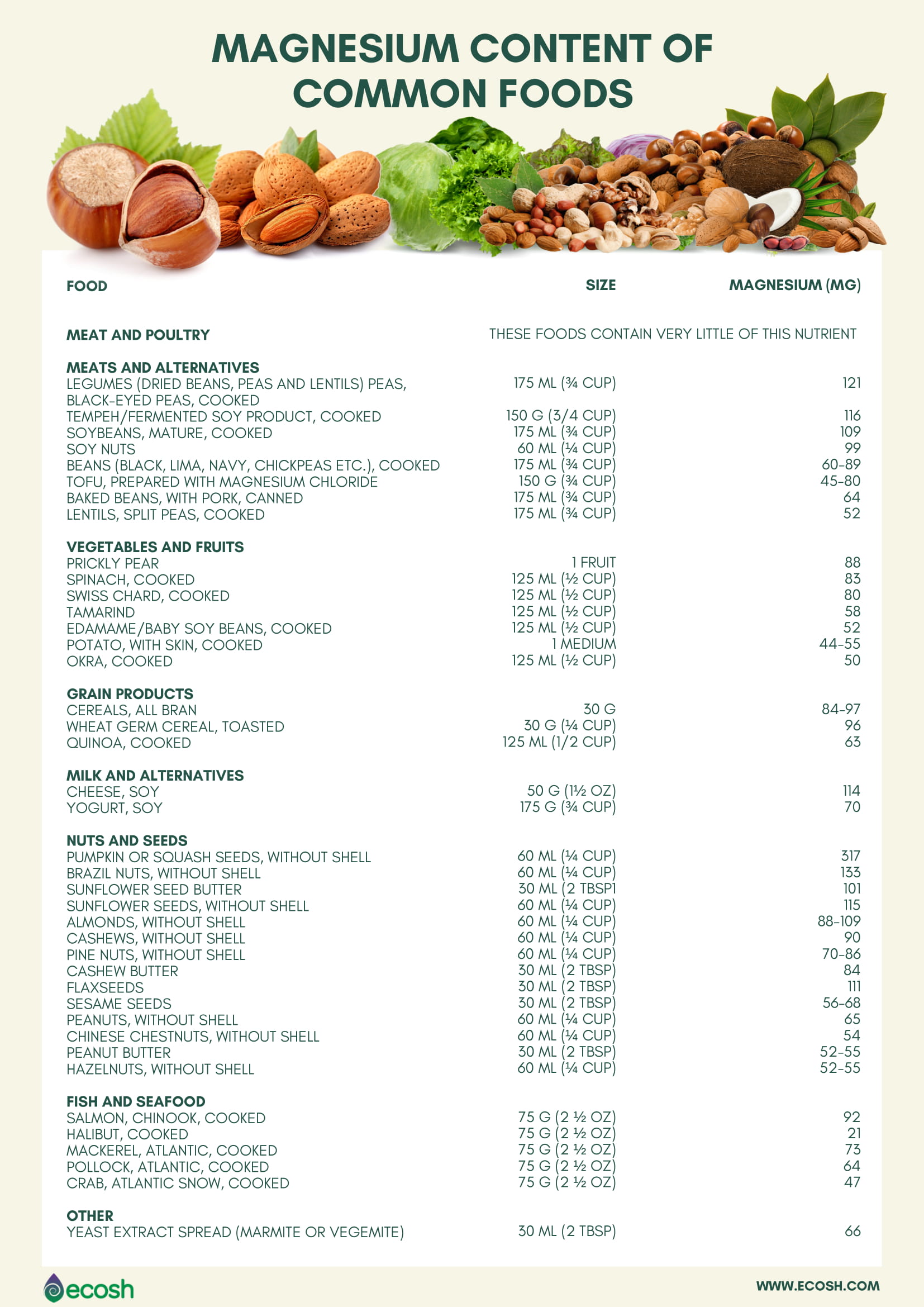 Magnesium content of common foods