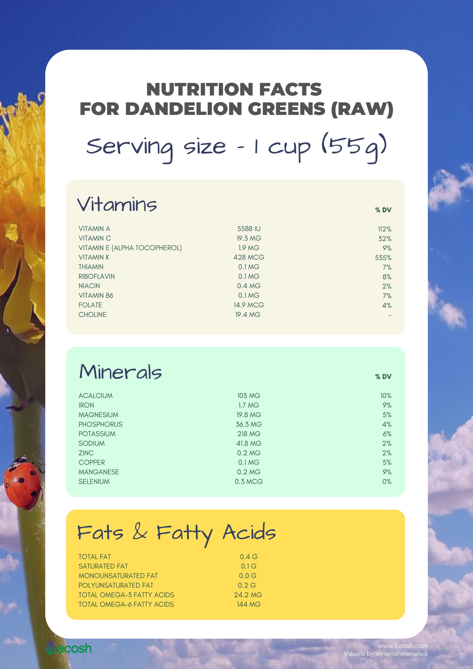 Nutrition facts for Dandelion greens (raw)